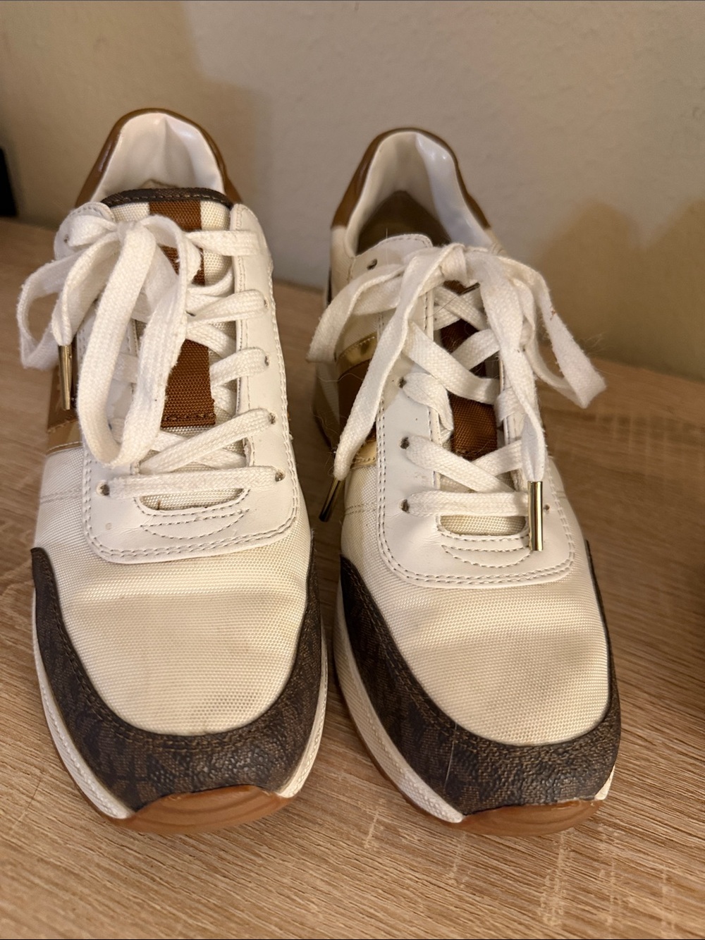 Michael kors Wedge Trainer Sneakers in White, Brown & Gold - Picture 2 of 7